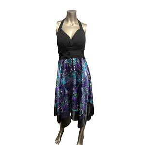 Signature by Sangria Halter Handkerchief Dress Black Purple Paisley Size 10